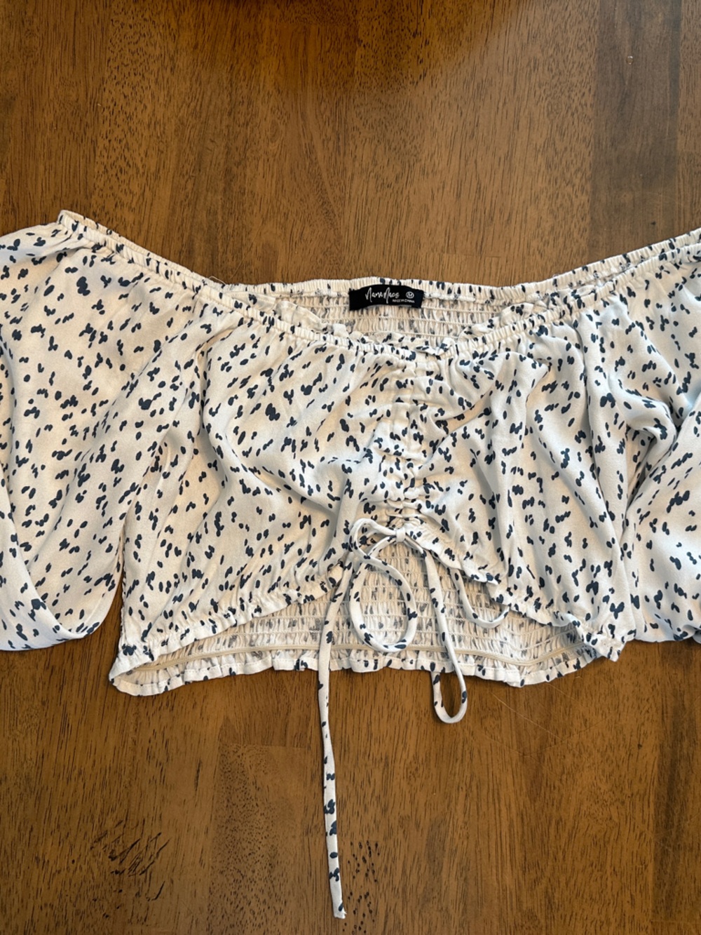 One Blessed Nana White Cropped Peasant Top with Navy Dot Print
